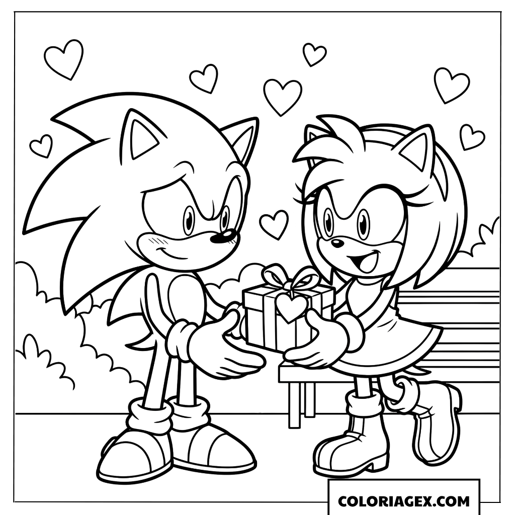 Coloriage Amy Rose offre un cadeau a Sonic