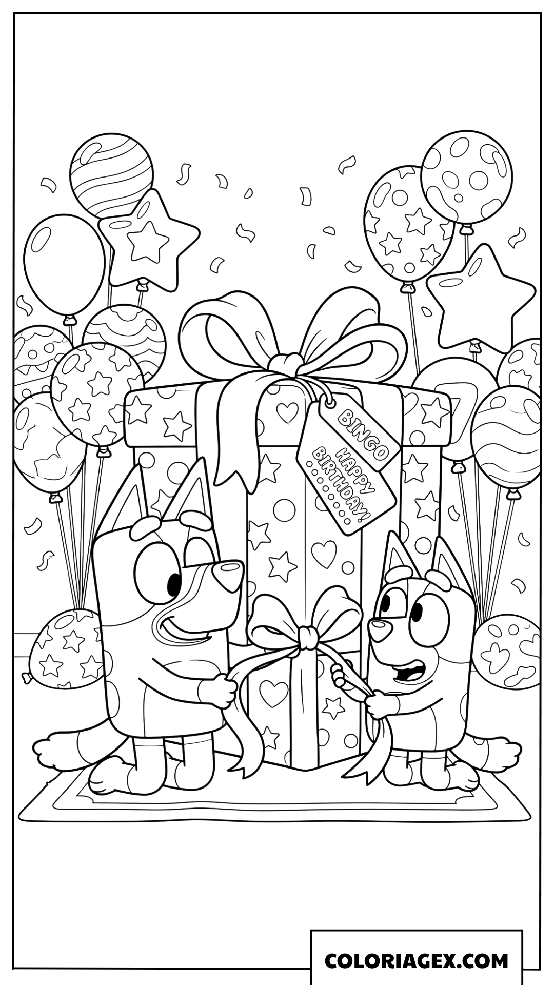 Coloriage Bluey aide Bingo a ouvrir un grand cadeau