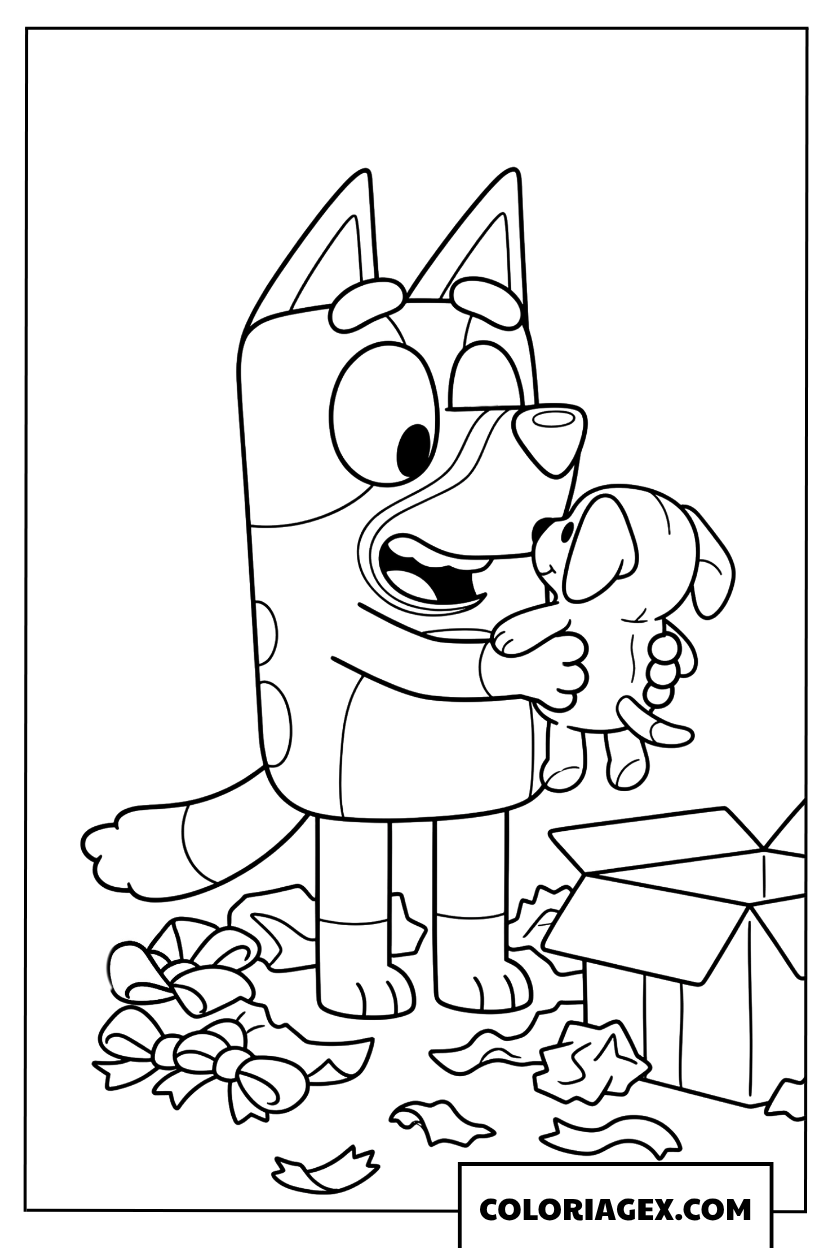 Coloriage Bluey découvre une peluche dans sa boîte