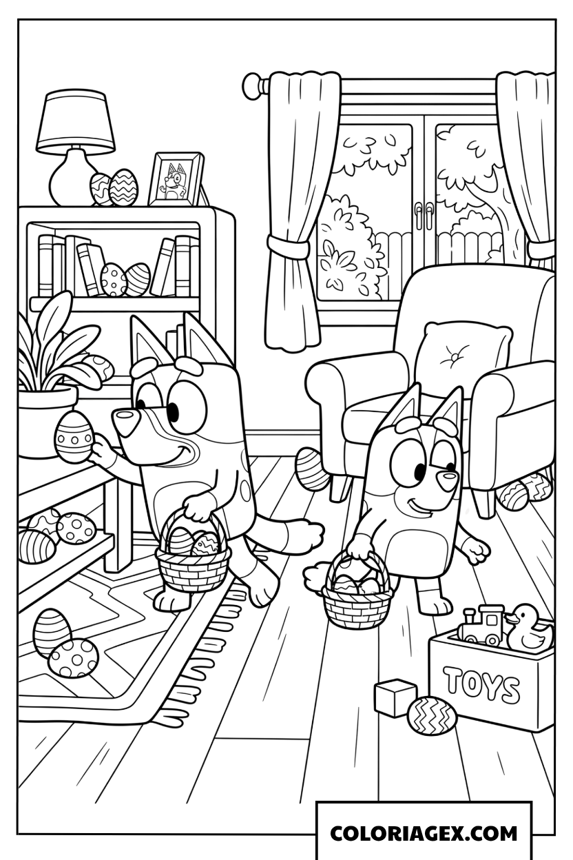 Coloriage Bluey et Bingo cherchent les oeufs de Paques
