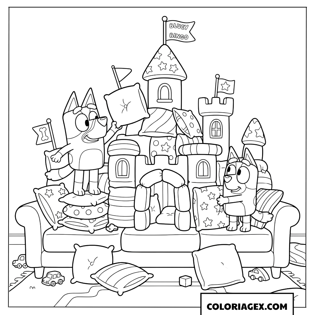 Coloriage Bluey et Bingo construisant un château de coussins