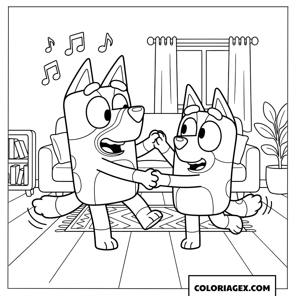 Coloriage Bluey et Bingo dansant joyeusement dans le salon