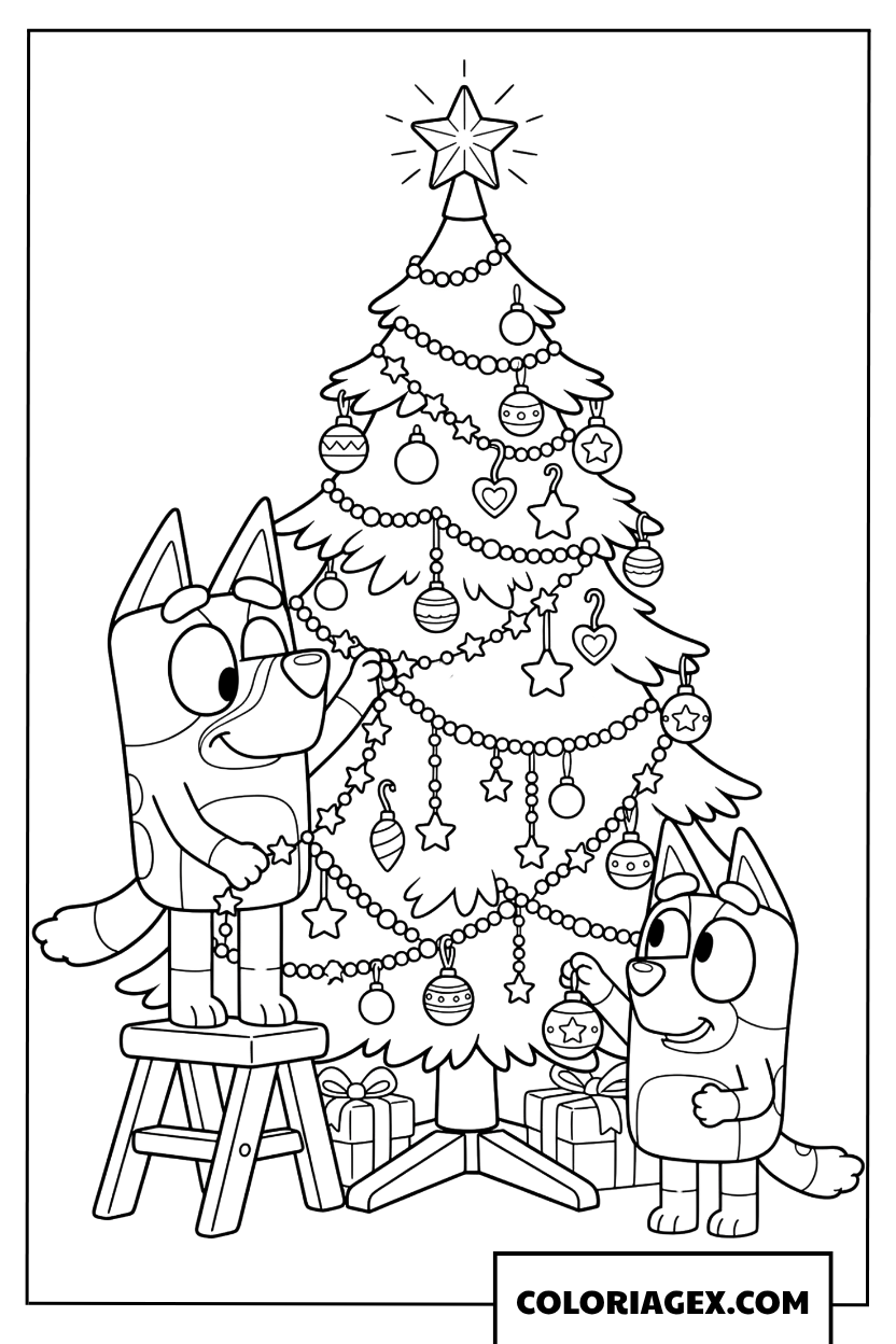 Coloriage Bluey et Bingo decorent le sapin de Noel