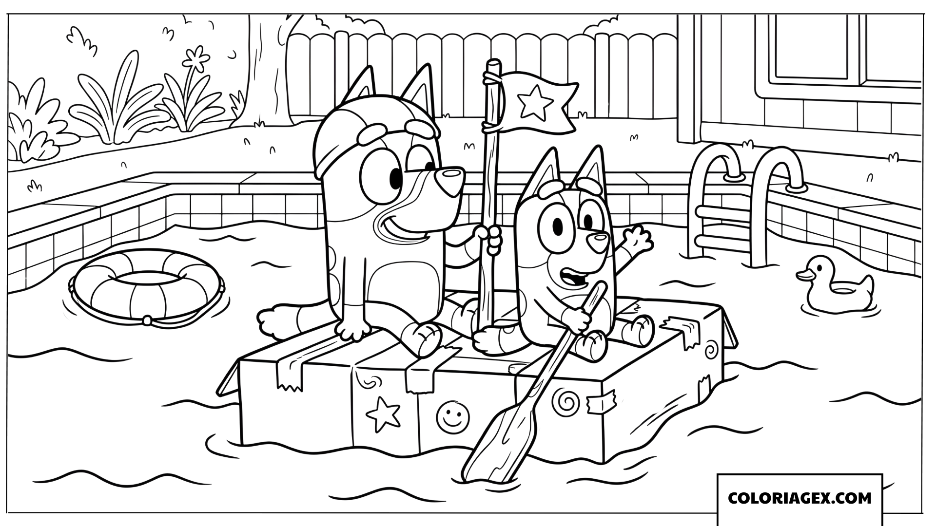 Coloriage Bluey et Bingo en exploration dans la piscine