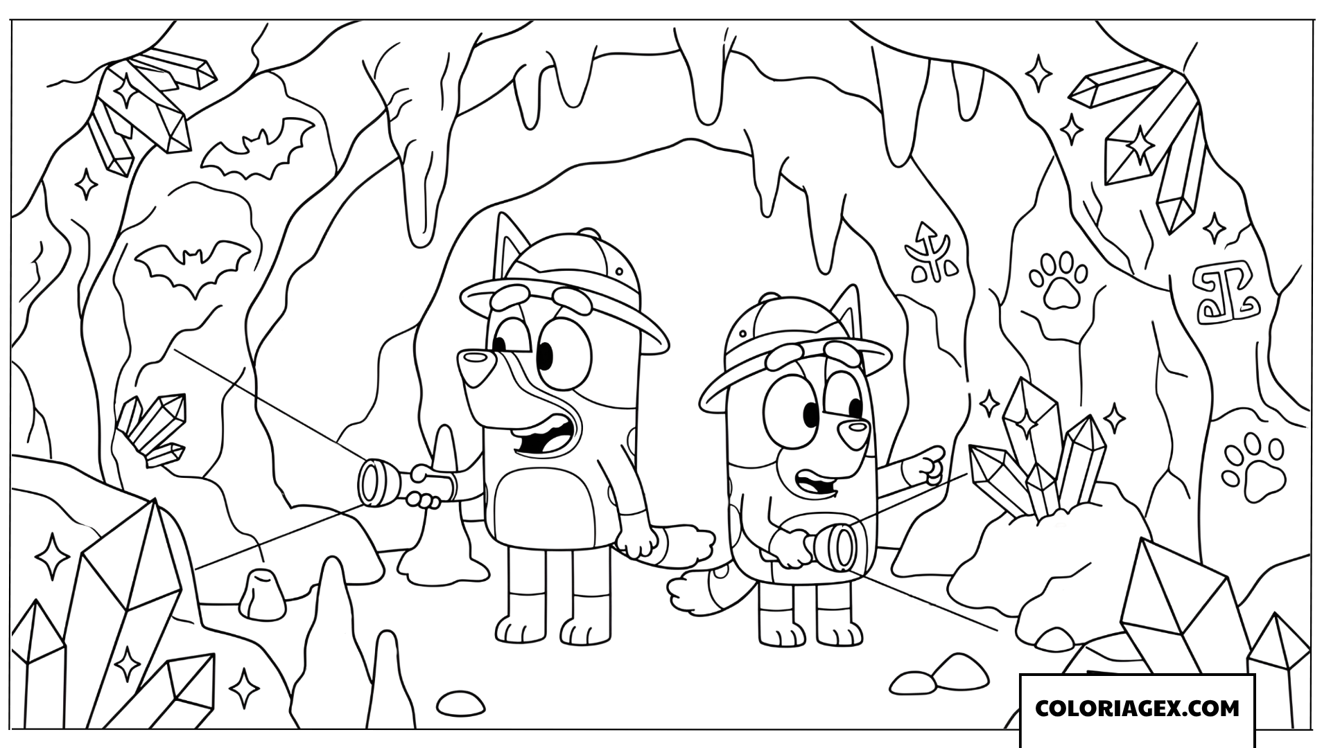 Coloriage Bluey et Bingo explorant la grotte