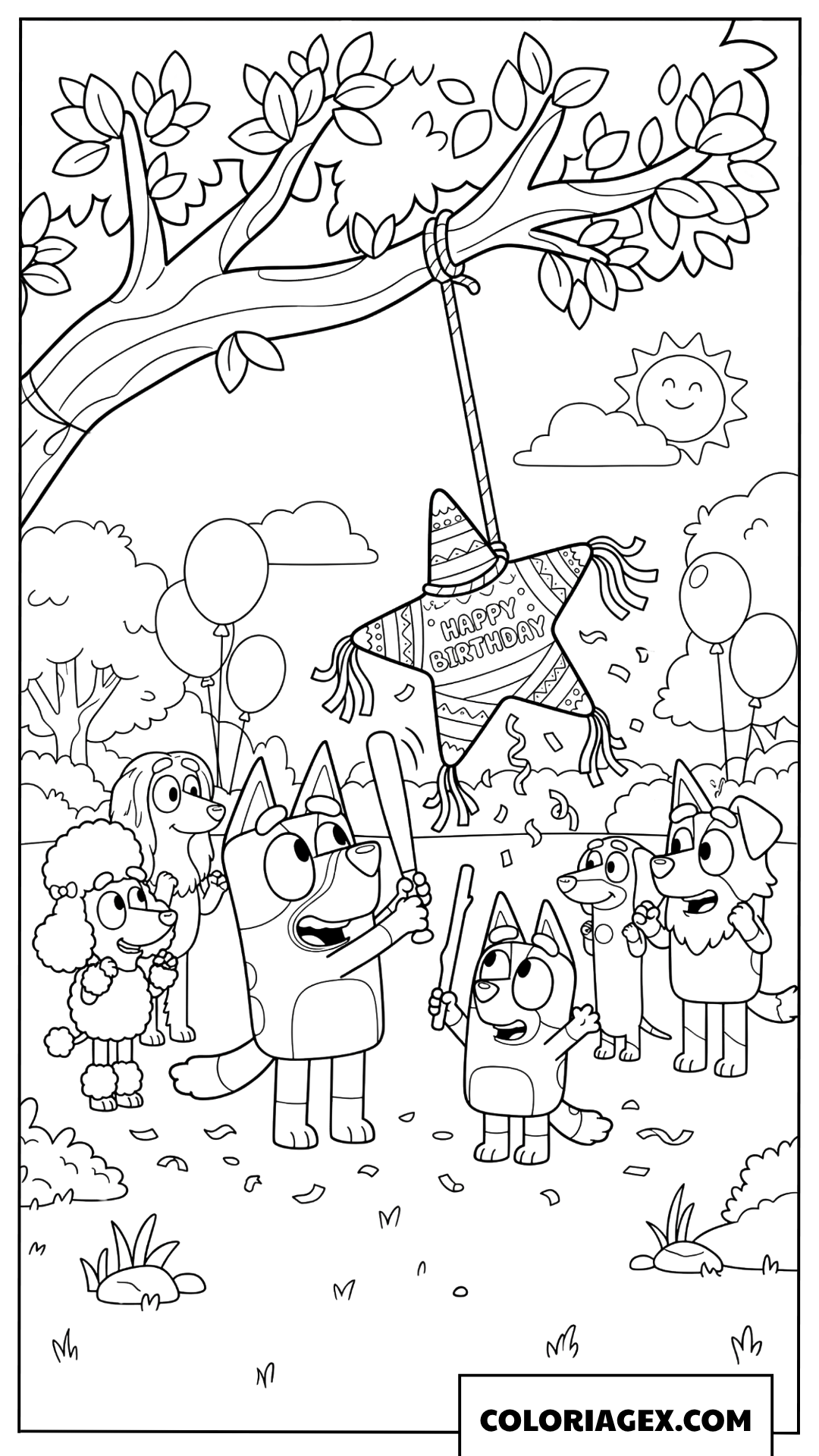 Coloriage Bluey et Bingo jouent a la pinata avec leurs amis