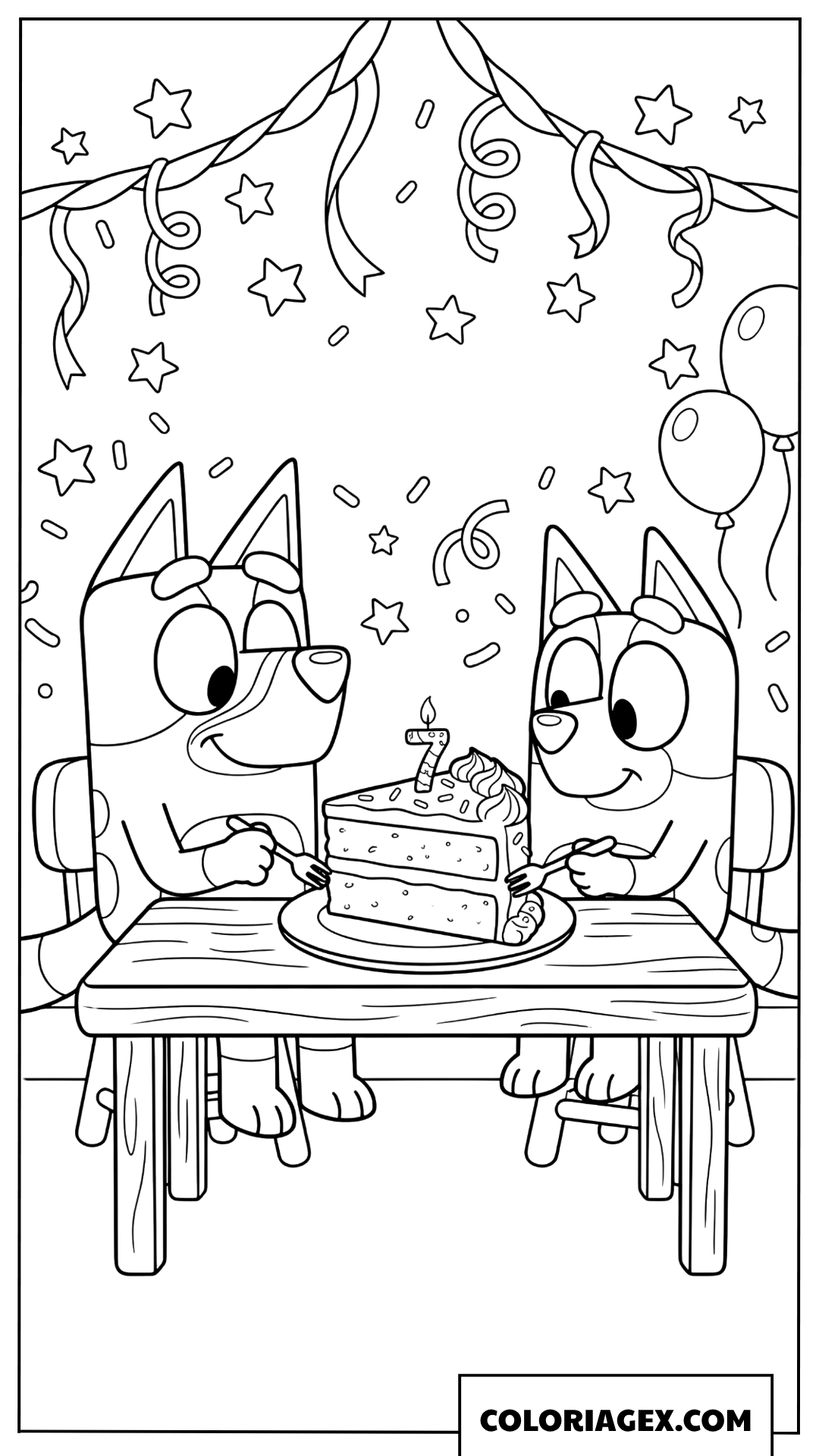 Coloriage Bluey et Bingo mangent un gateau d anniversaire