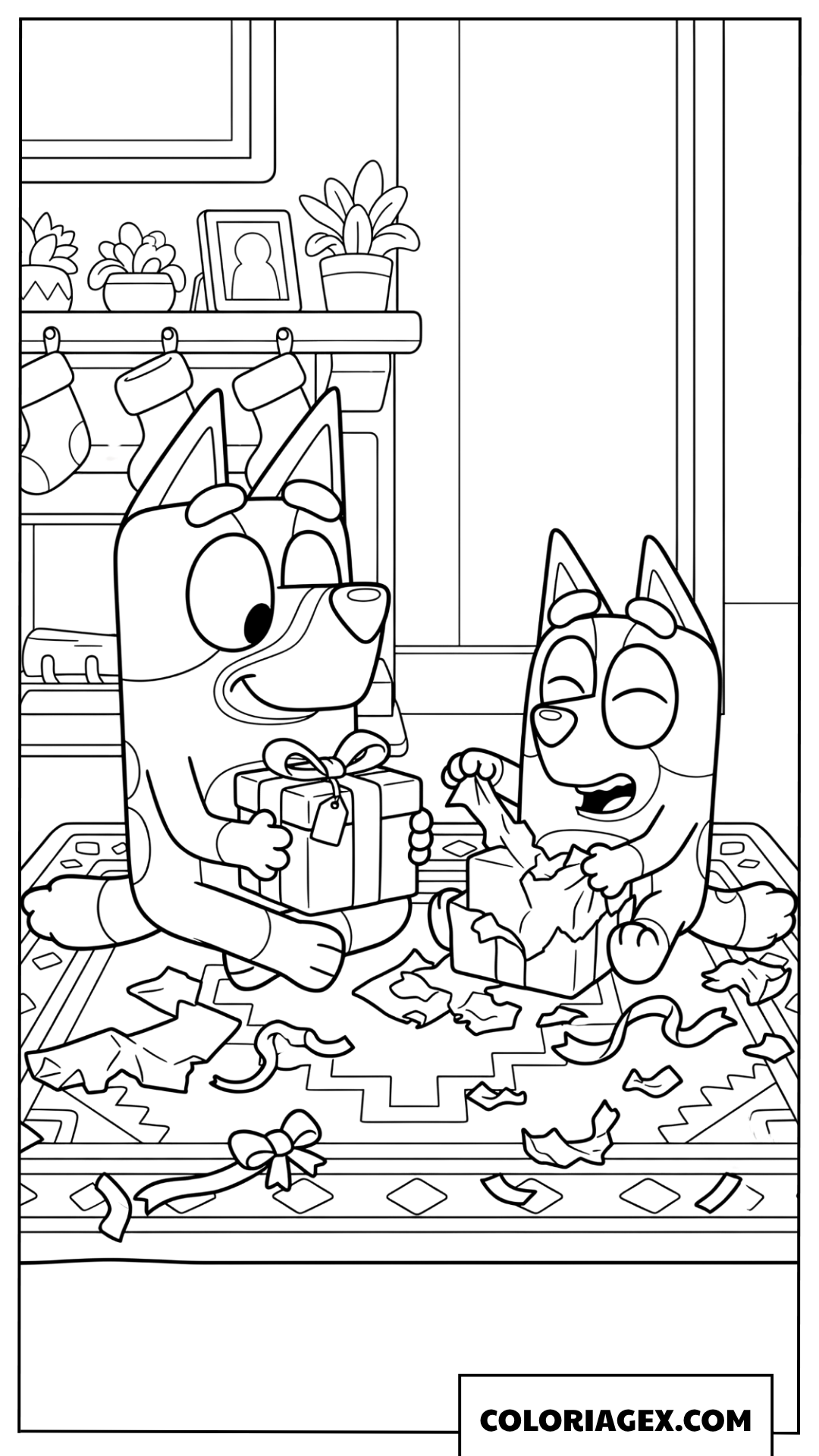 Coloriage Bluey et Bingo ouvrent des cadeaux sur le tapis
