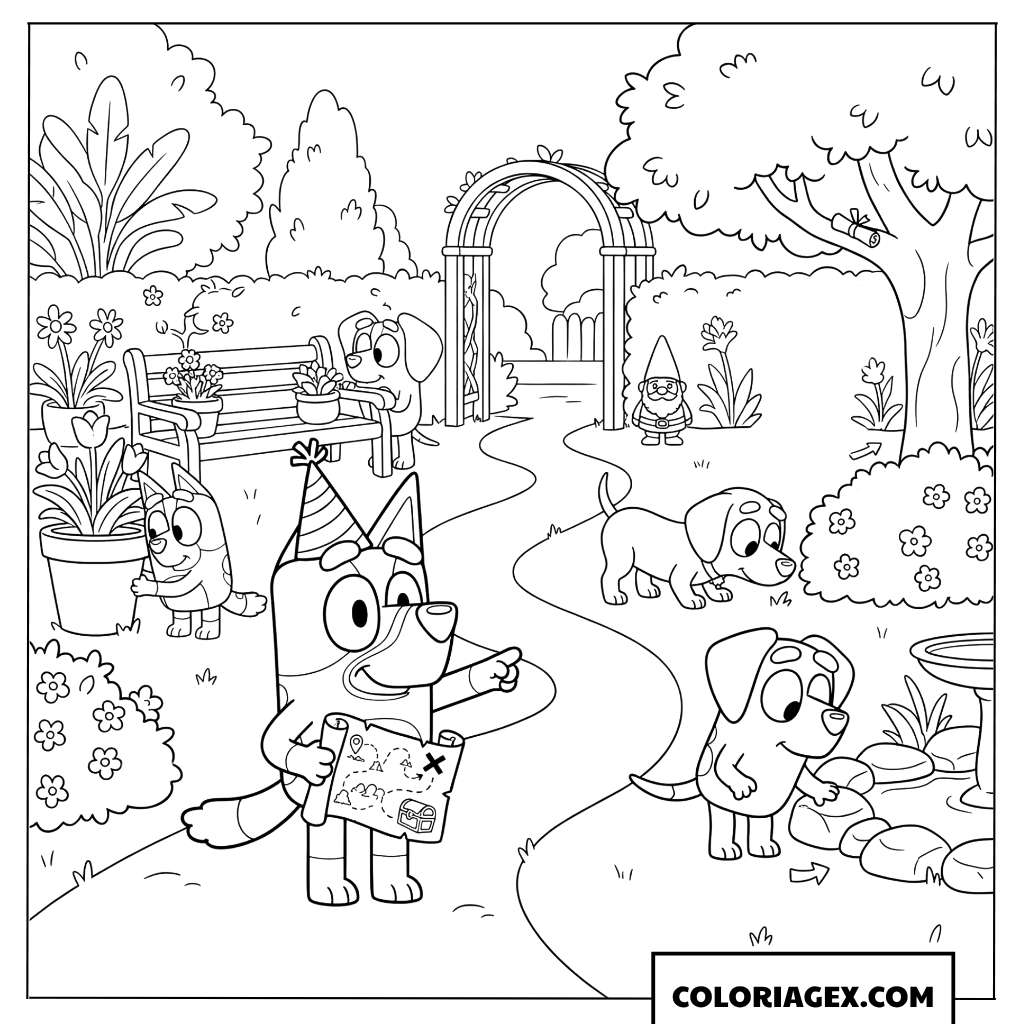 Coloriage Bluey et Bingo partent en quête de trésor