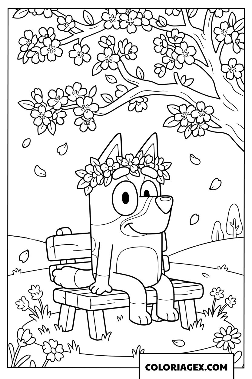 Coloriage Bluey et couronne de fleurs sur un banc