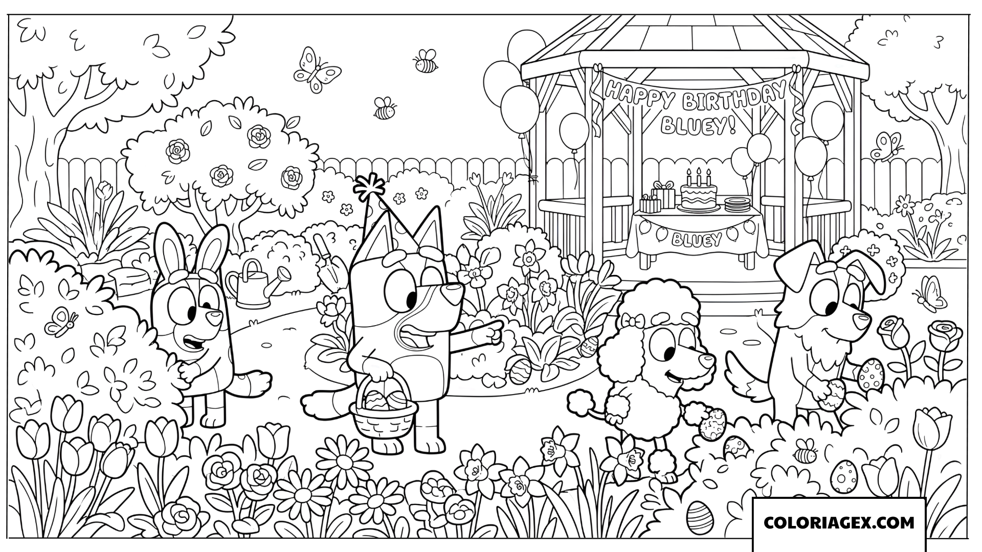 Coloriage Bluey fête son anniversaire au printemps