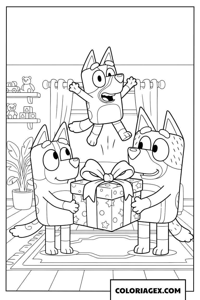 Coloriage Bluey reçoit un grand cadeau de ses parents