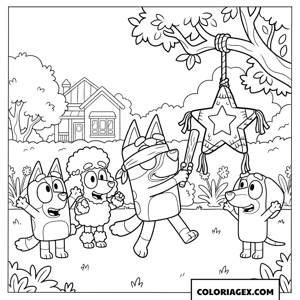 Coloriage Bluey tape sur une piñata en forme d'étoile