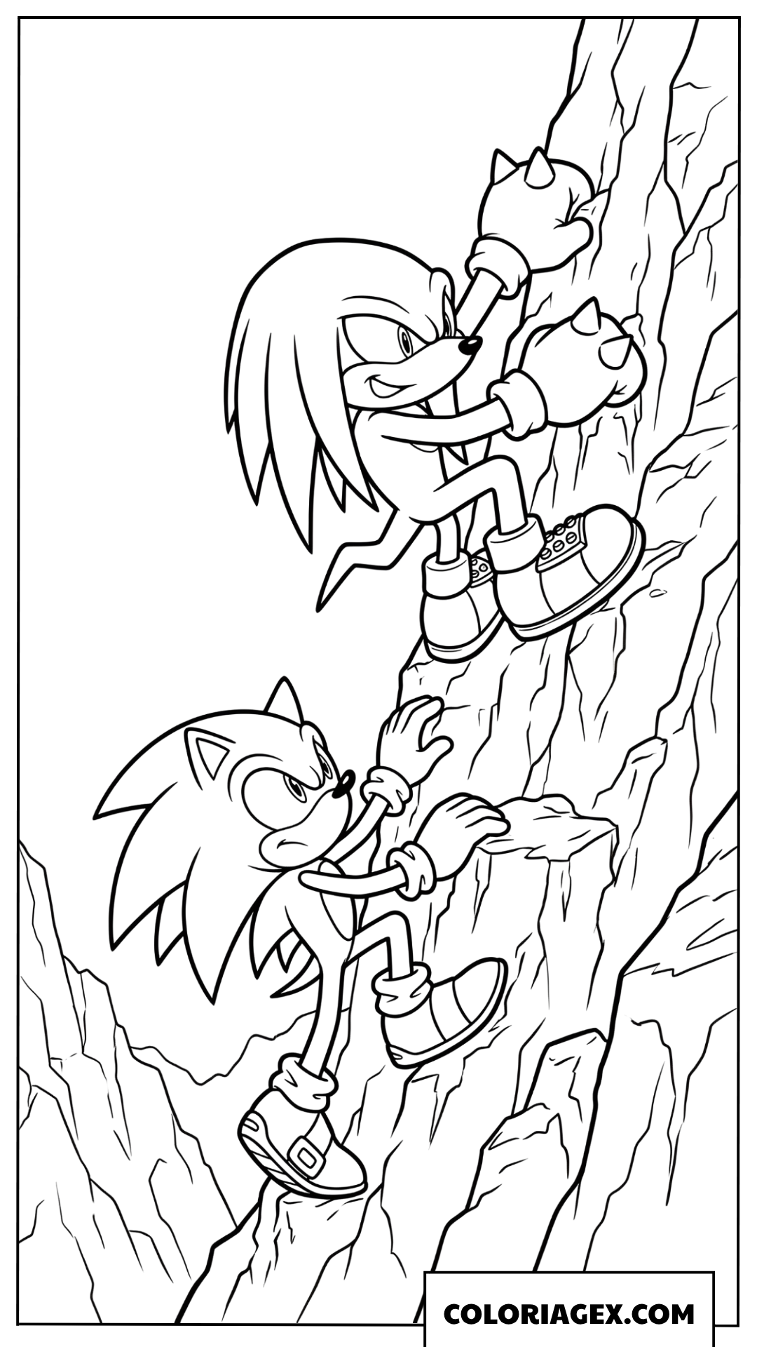 Coloriage Knuckles montrant a Sonic comment escalader