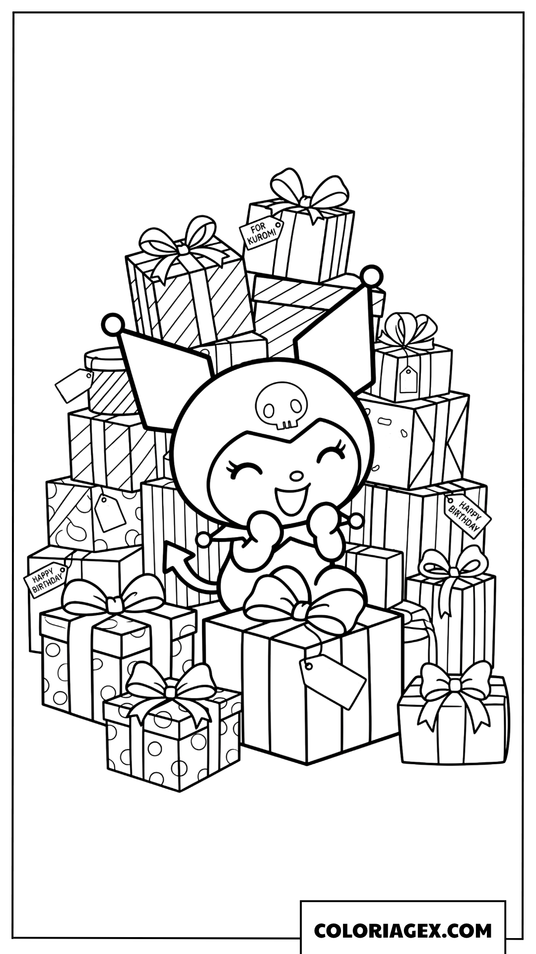 Coloriage Kuromi assise au milieu de nombreux cadeaux danniversaire