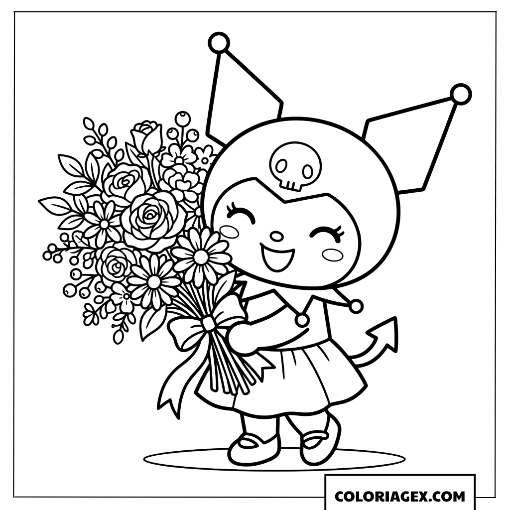 Coloriage Kuromi avec bouquet de fleurs elegant