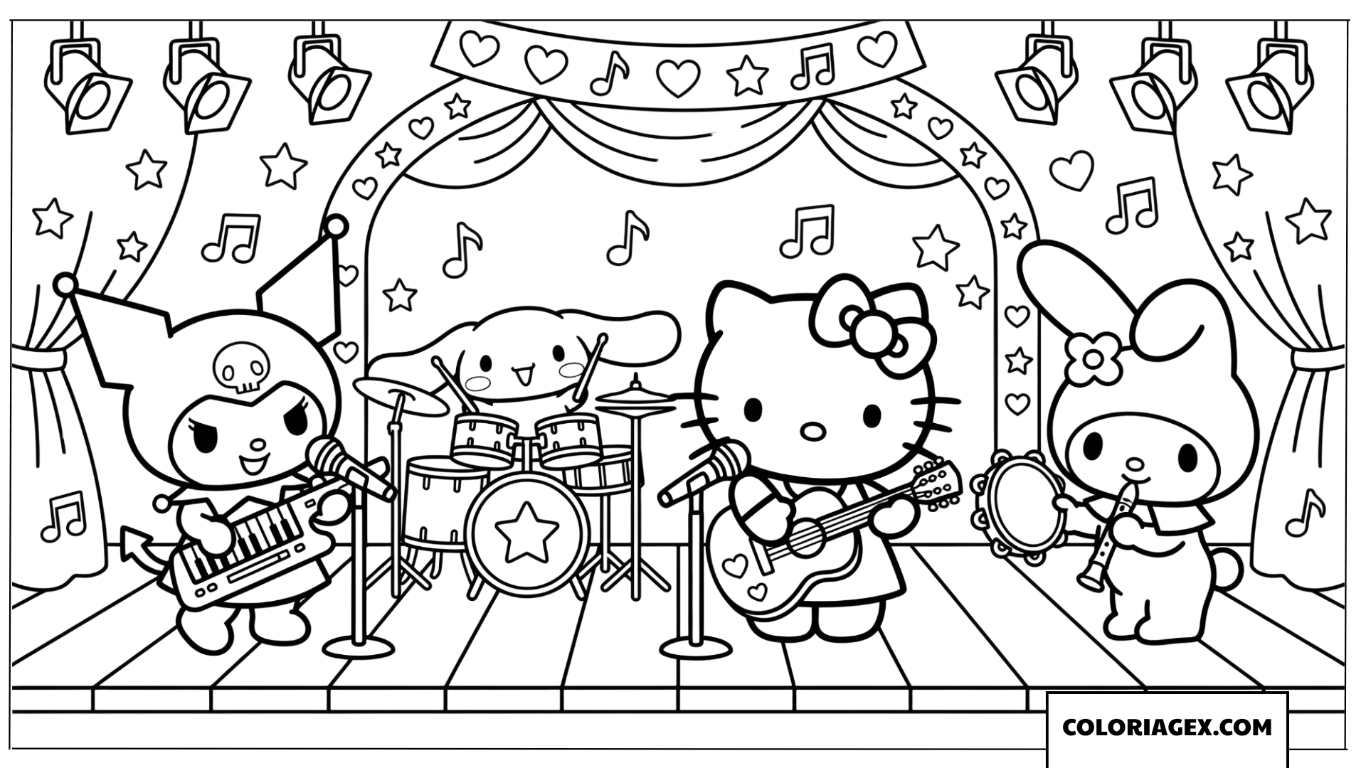 Coloriage Kuromi concert musical avec ses amis