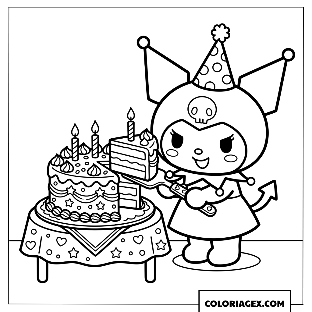 Coloriage Kuromi coupe une part de gateau danniversaire avec un couteau
