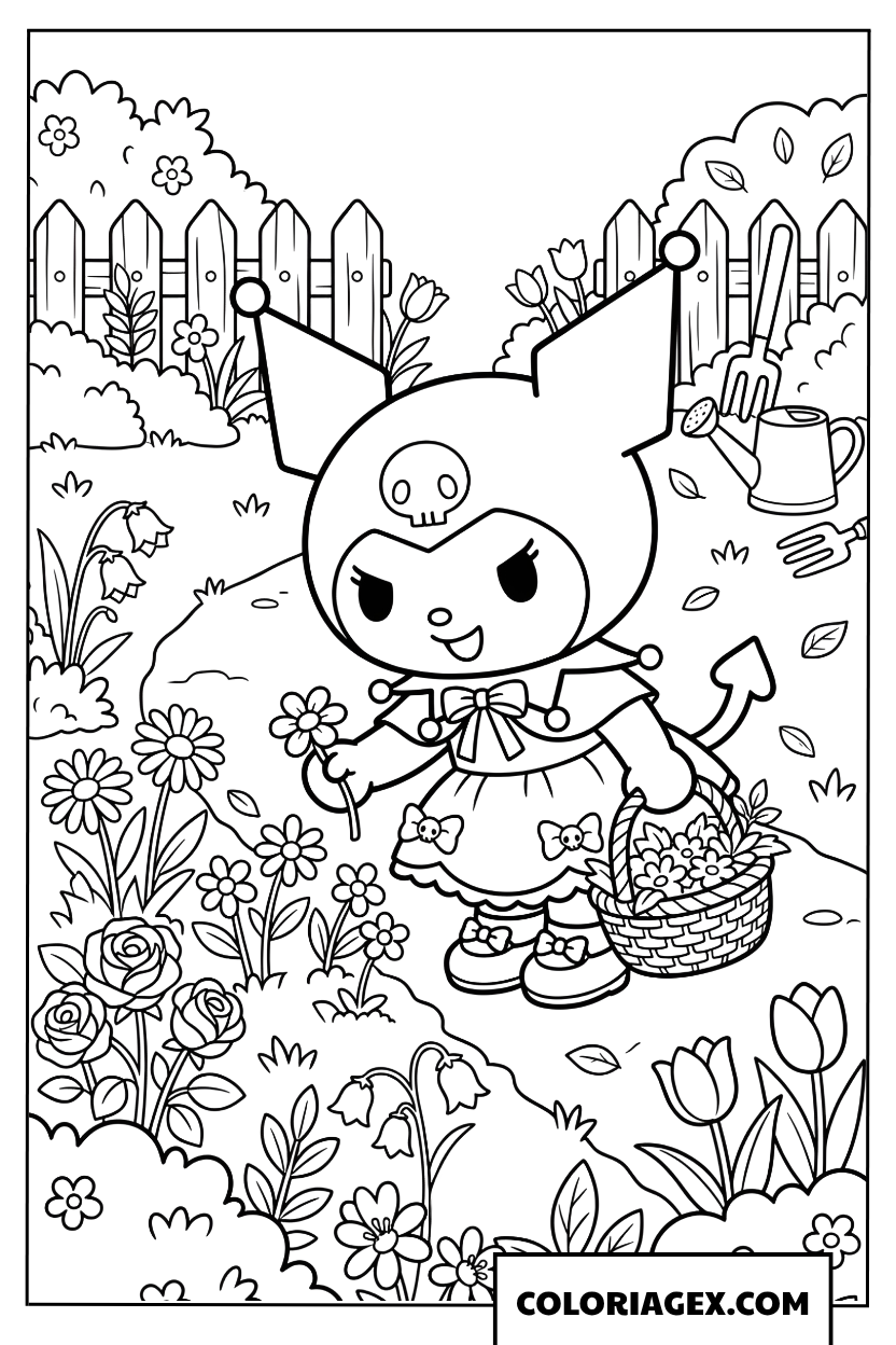 Coloriage Kuromi cueille fleurs dans jardin printanier