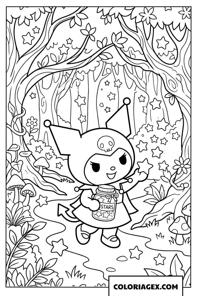 Coloriage Kuromi dans une foret magique avec des etoiles scintillantes
