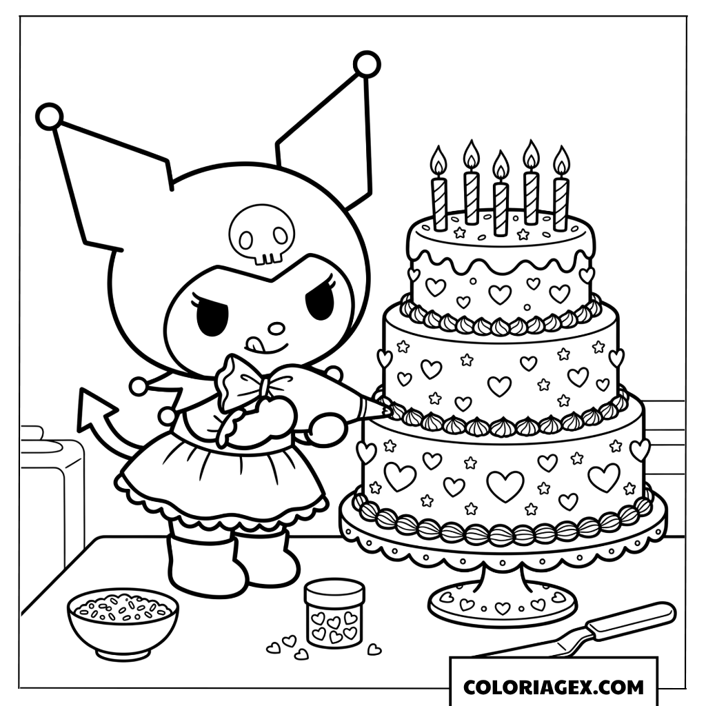 Coloriage Kuromi decore un grand gateau danniversaire avec des bougies