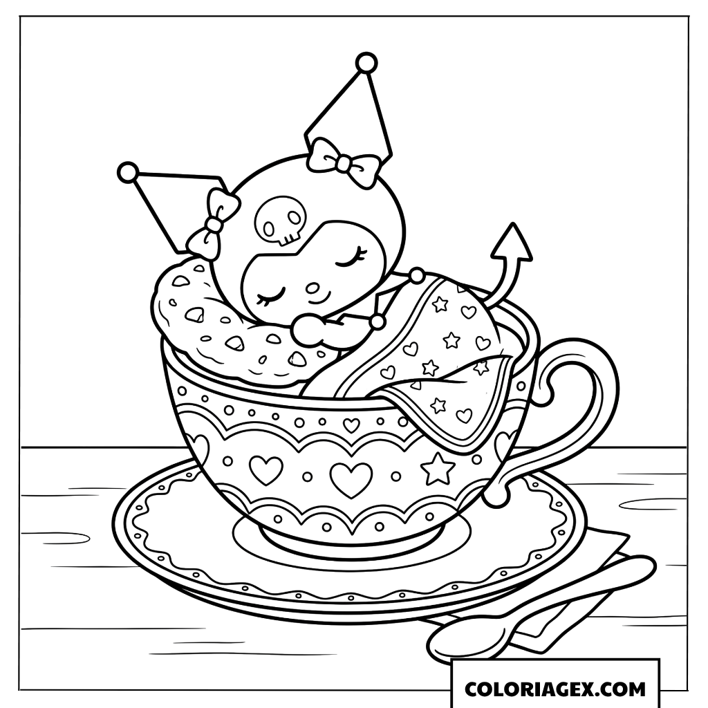 Coloriage Kuromi dort paisiblement dans une tasse avec une couverture