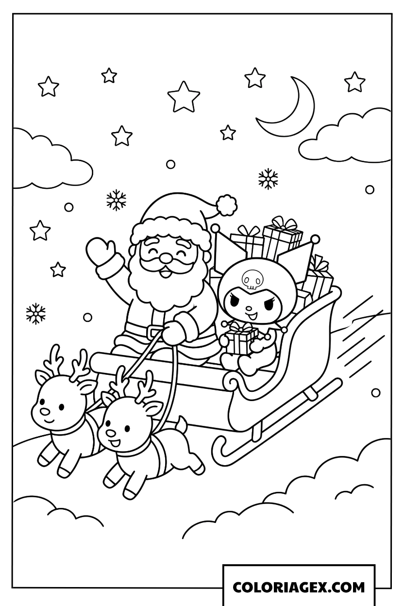Coloriage Kuromi en traineau avec Pere Noel sous la neige