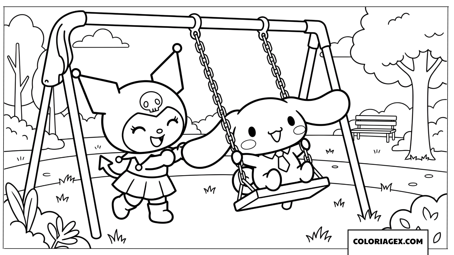 Coloriage Kuromi et Cinnamoroll jouent a la balancoire au parc
