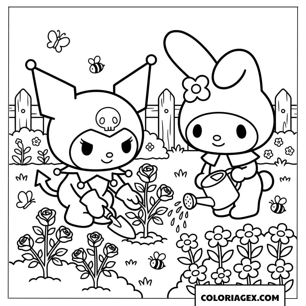 Coloriage Kuromi et My Melody jardinage avec fleurs