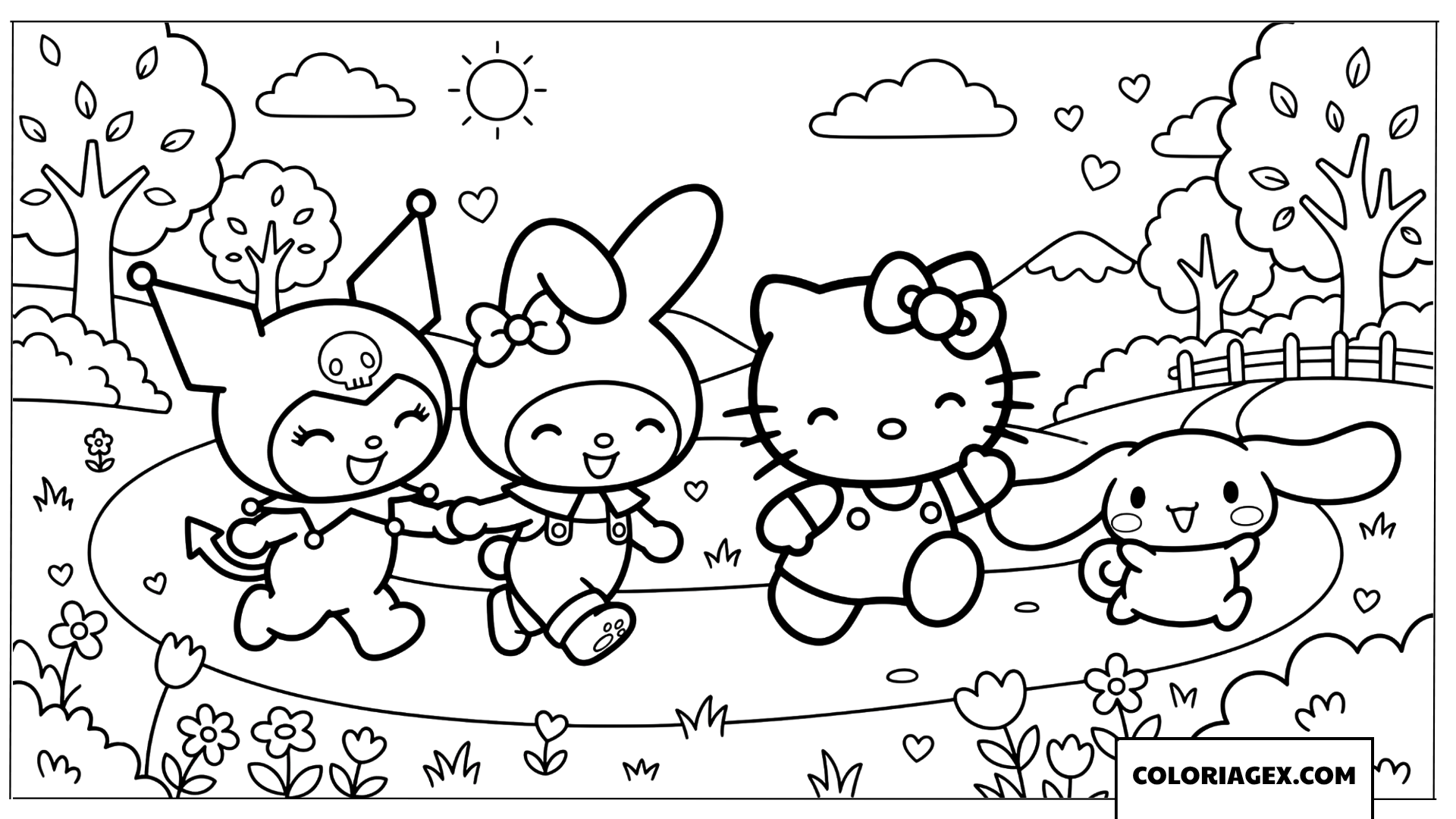 Coloriage Kuromi et ses amis courent joyeusement dans la nature
