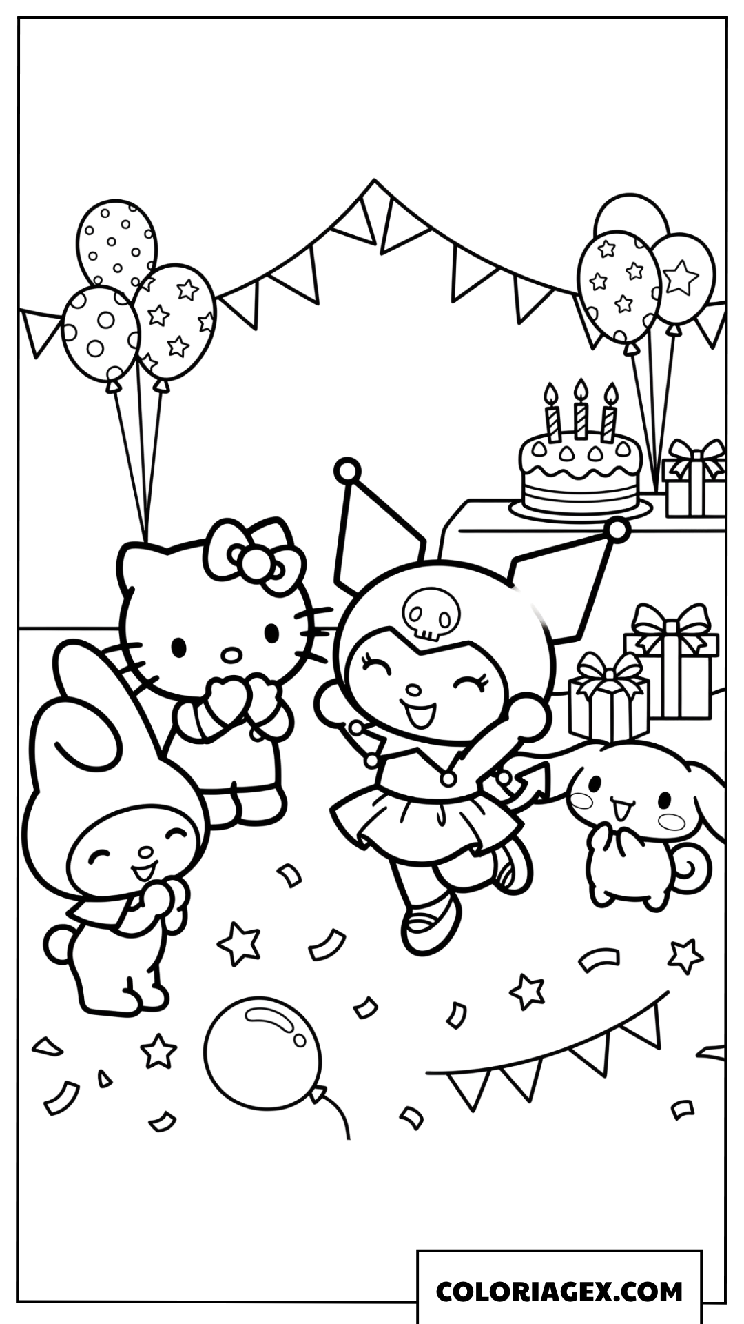 Coloriage Kuromi et ses amis dansent joyeusement a fete anniversaire
