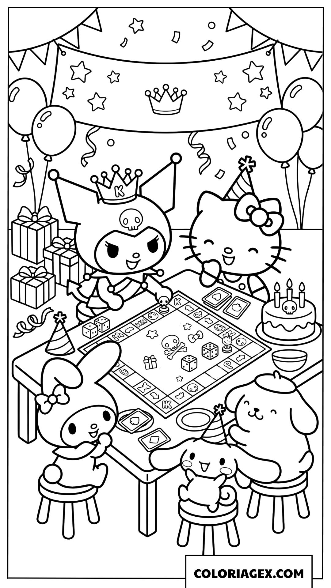 Coloriage Kuromi et ses amis jouent a un jeu de societe pour son anniversaire