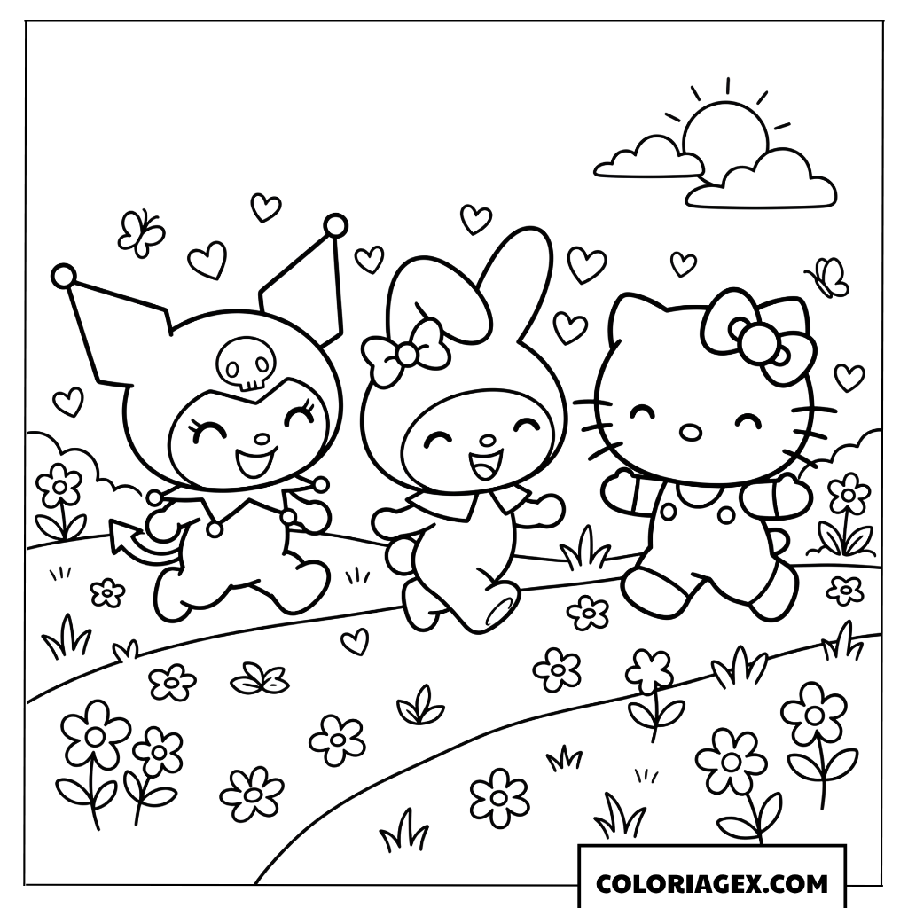 Coloriage Kuromi et ses amis marchent joyeusement dans prairie fleurie