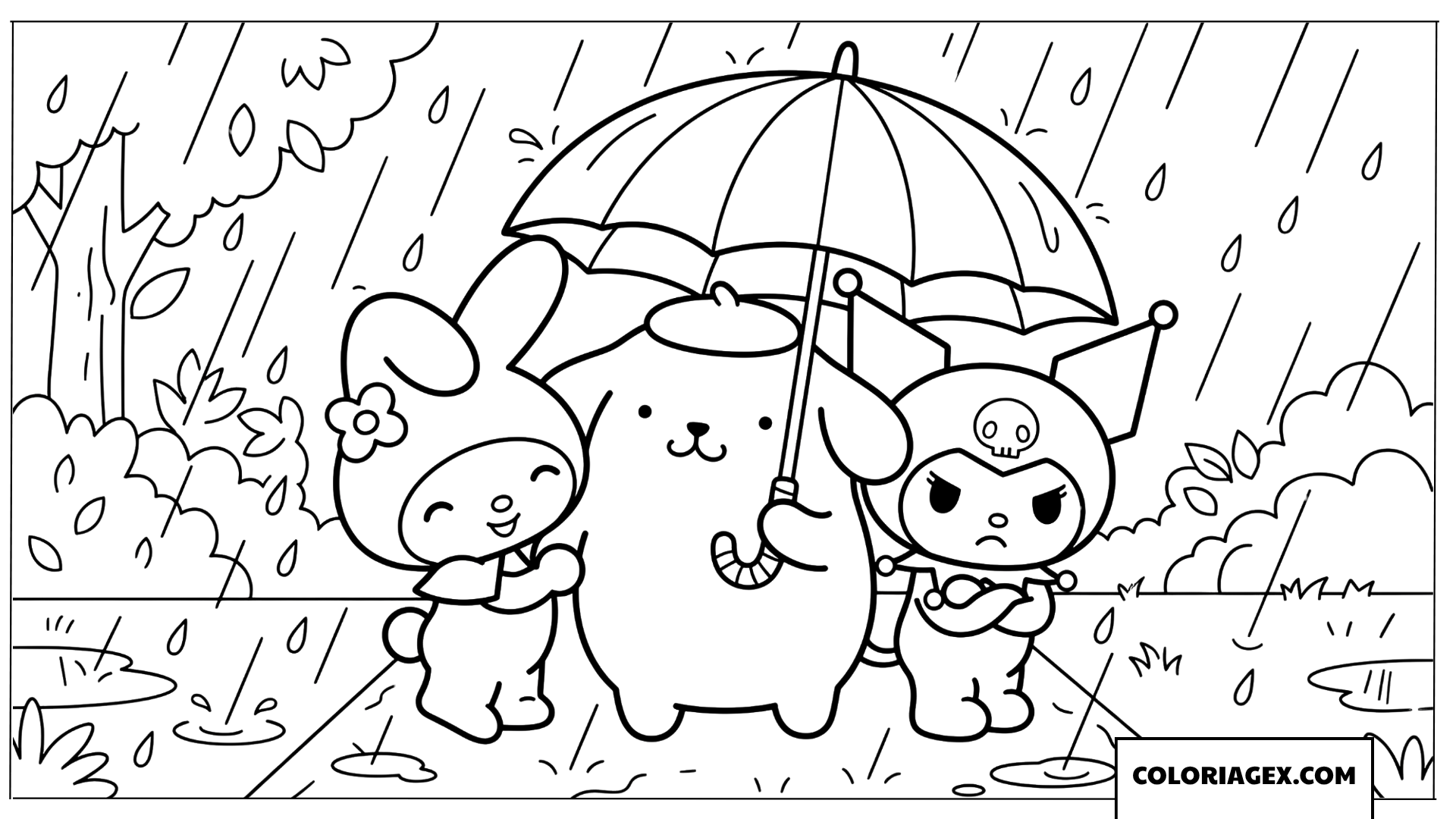 Coloriage Kuromi et ses amis sous la pluie avec un parapluie
