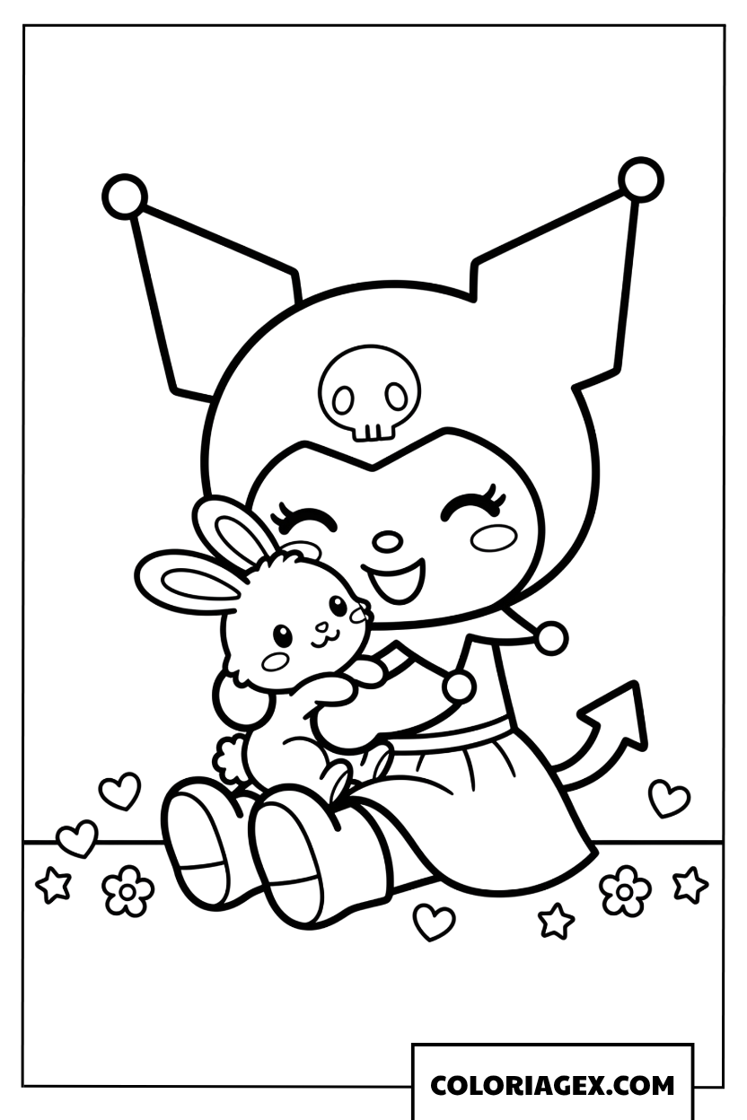 Coloriage Kuromi fait calin avec lapin mignon