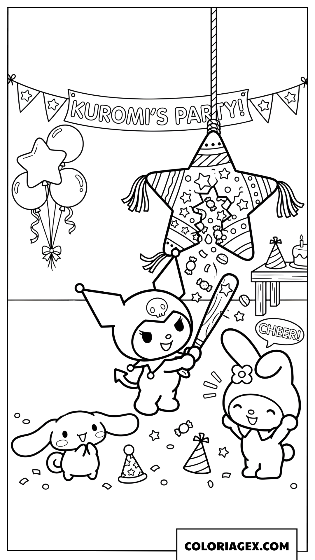 Coloriage Kuromi fete avec pinata etoile et amis