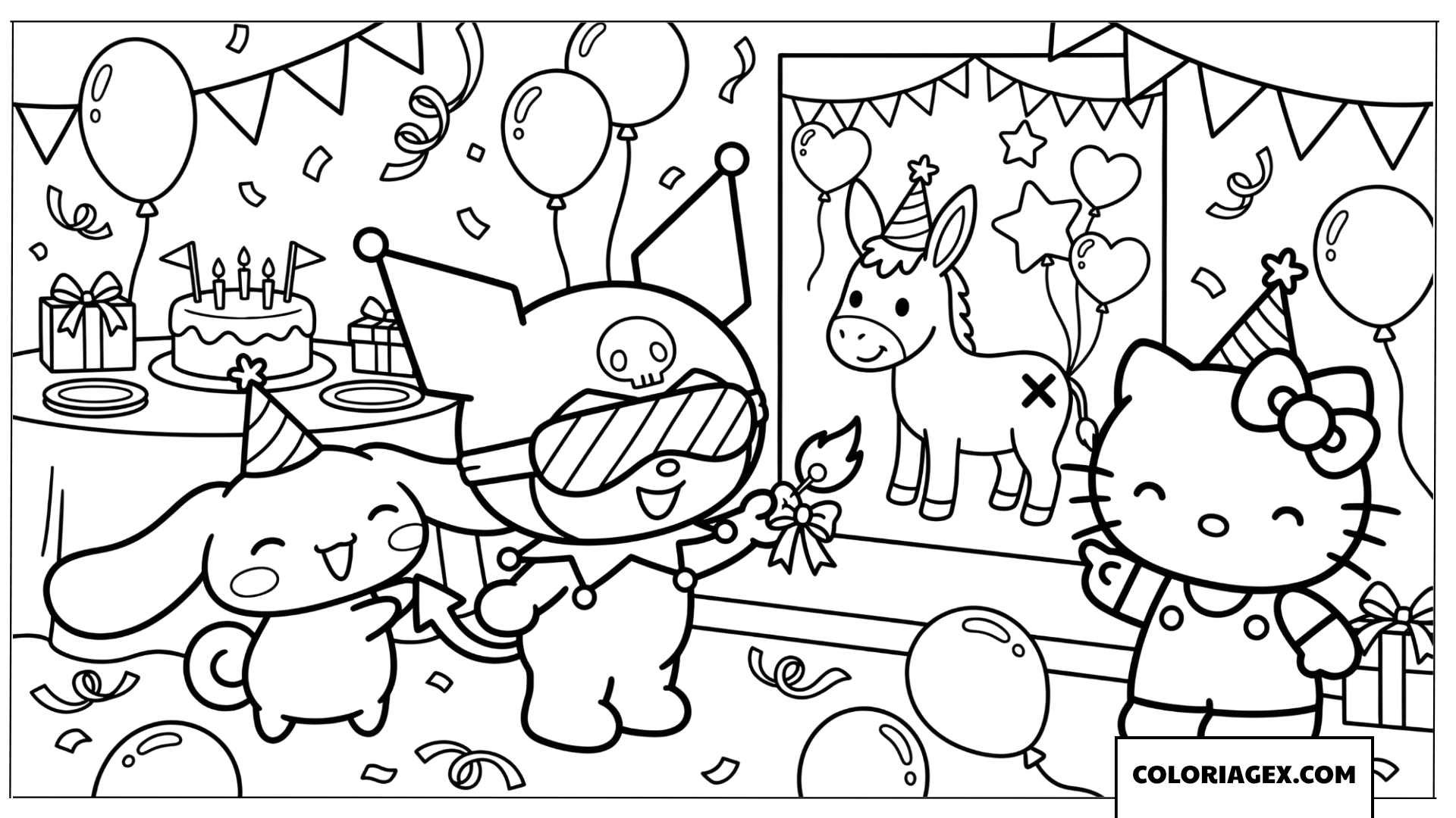 Coloriage Kuromi joue a un jeu danniversaire les yeux bandes avec ses amis