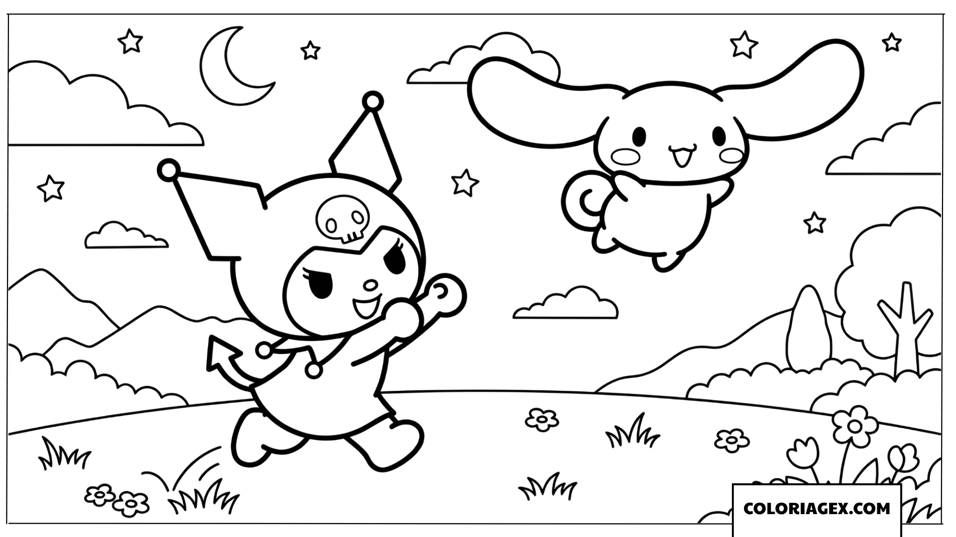 Coloriage Kuromi joue avec Cinnamoroll sous le ciel etoile