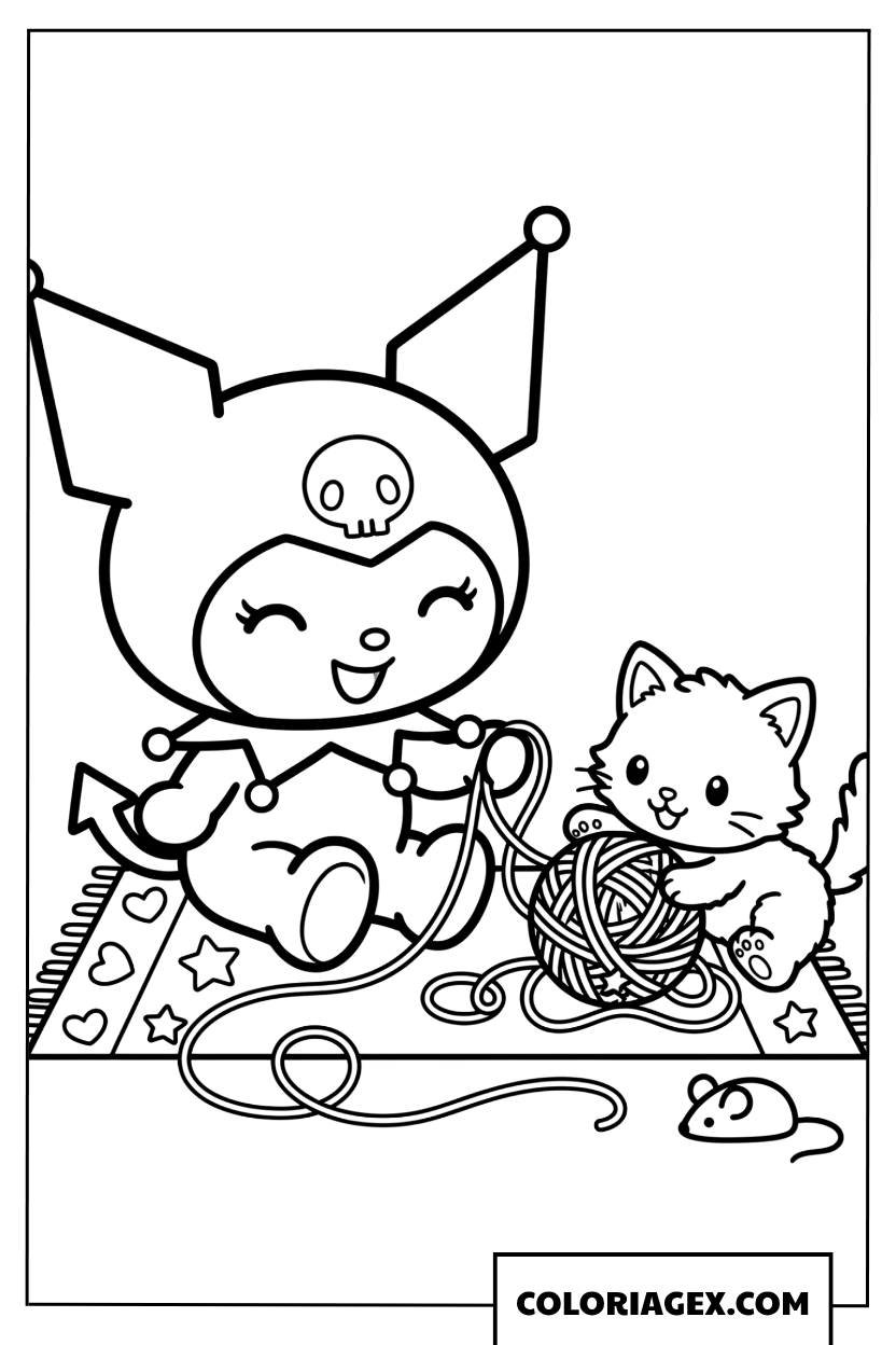 Coloriage Kuromi joue avec un chat et une pelote de laine