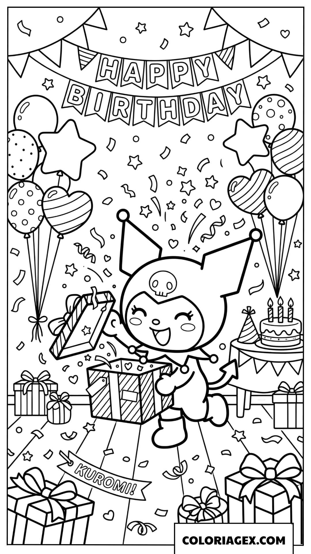 Coloriage Kuromi ouvre cadeau anniversaire joyeux