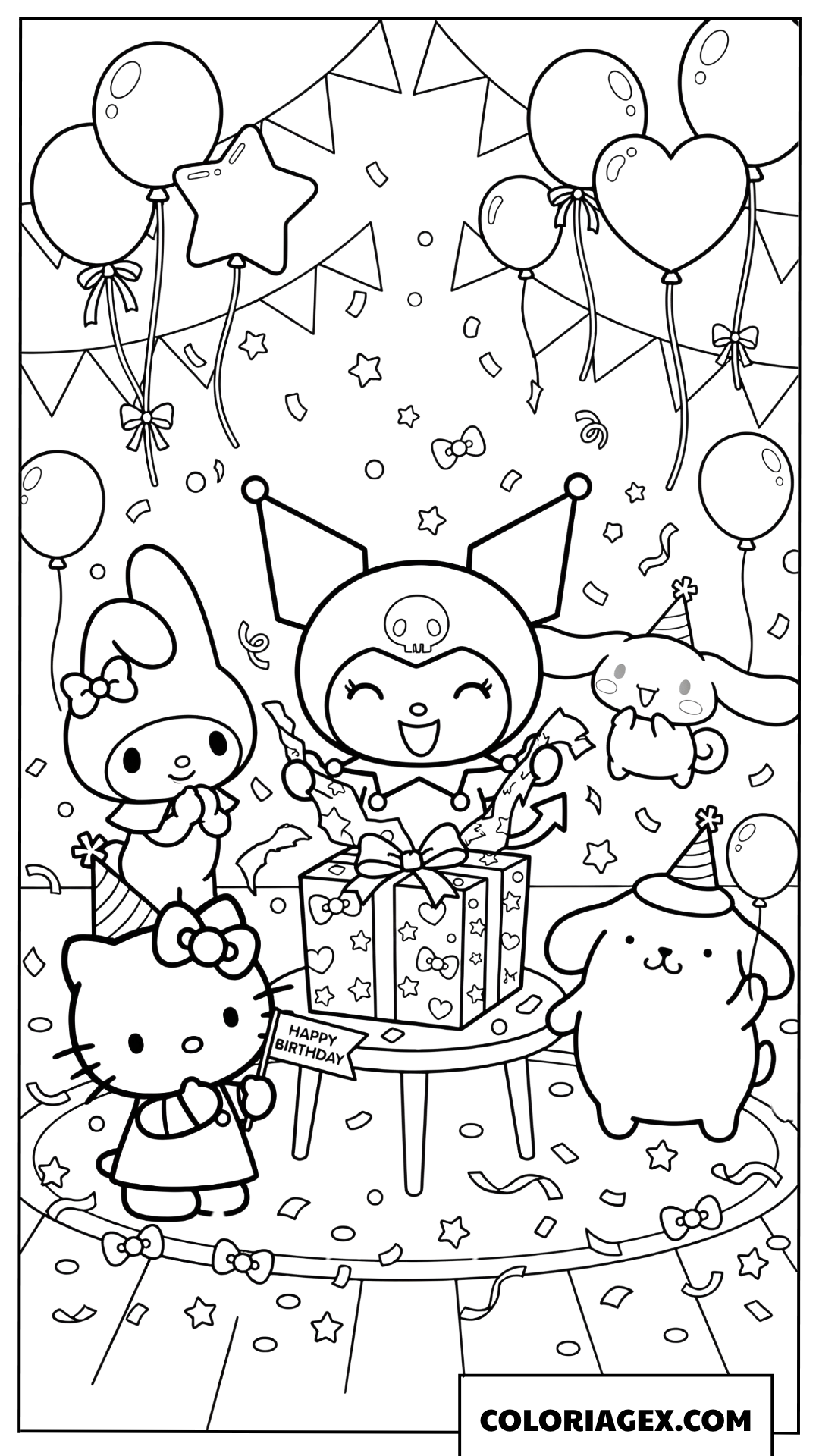 Coloriage Kuromi ouvre cadeau surprise entouree de ses amis