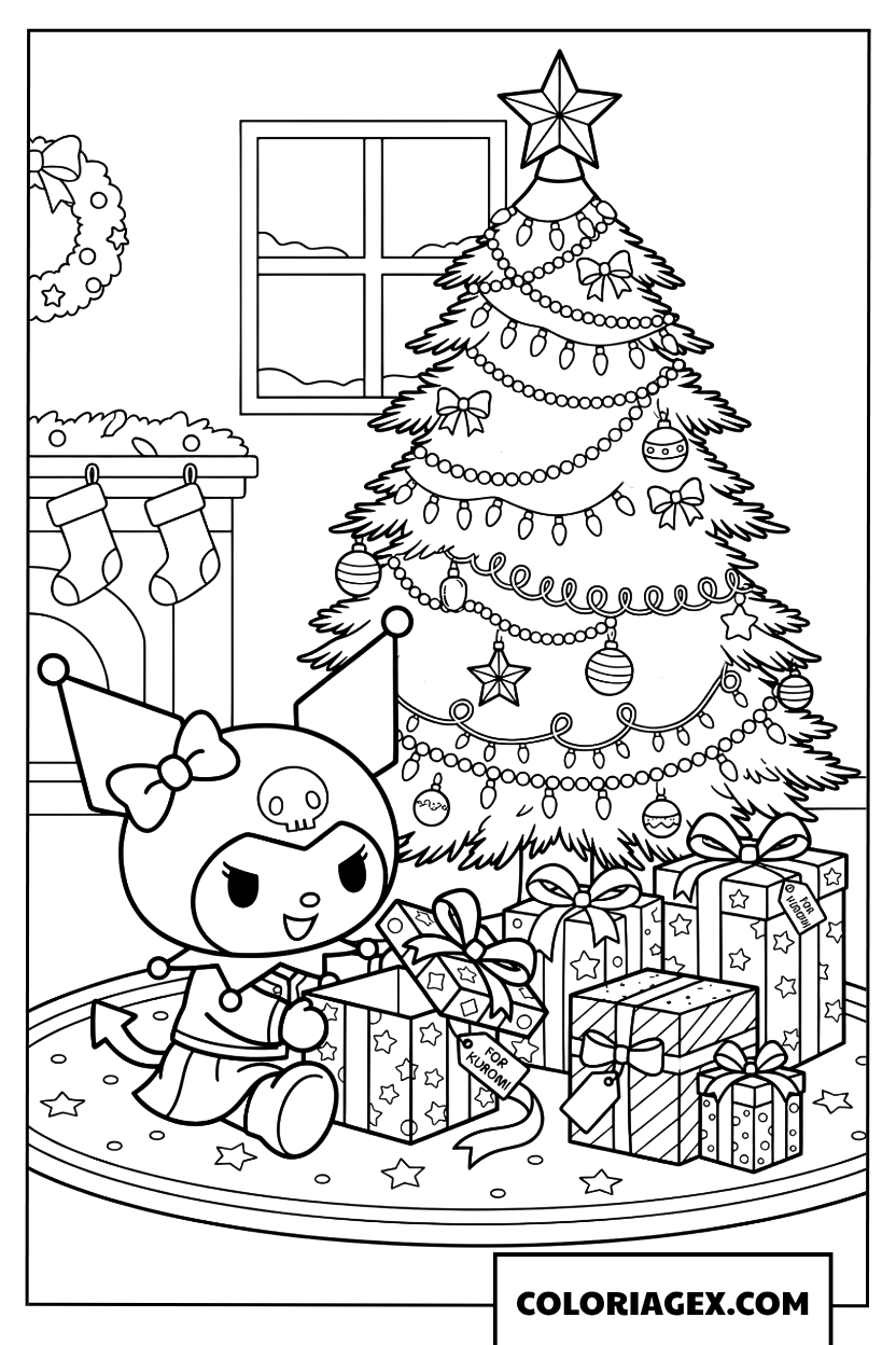 Coloriage Kuromi ouvre cadeaux de Noel pres du sapin