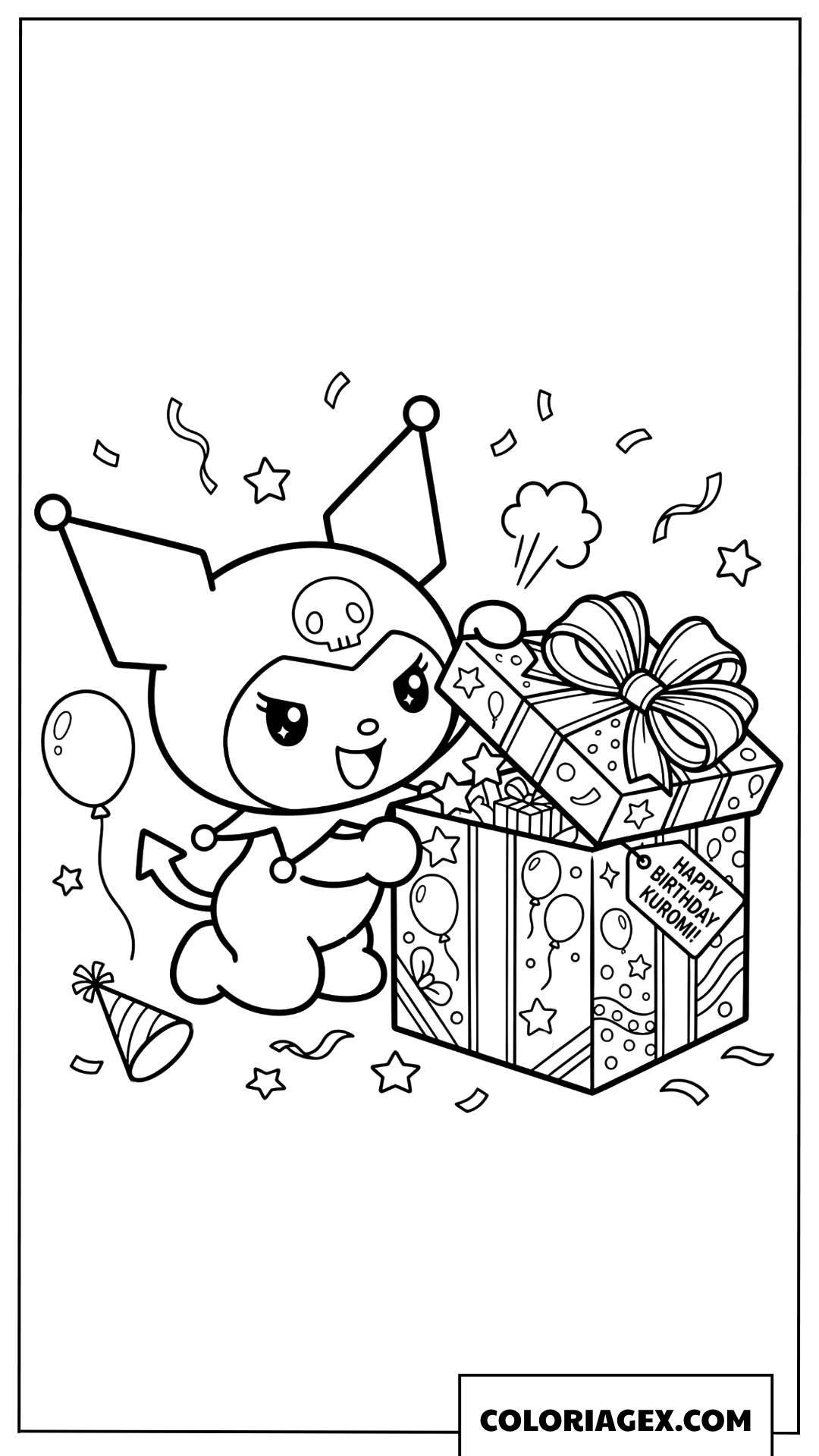 Coloriage Kuromi ouvre un cadeau danniversaire surprise