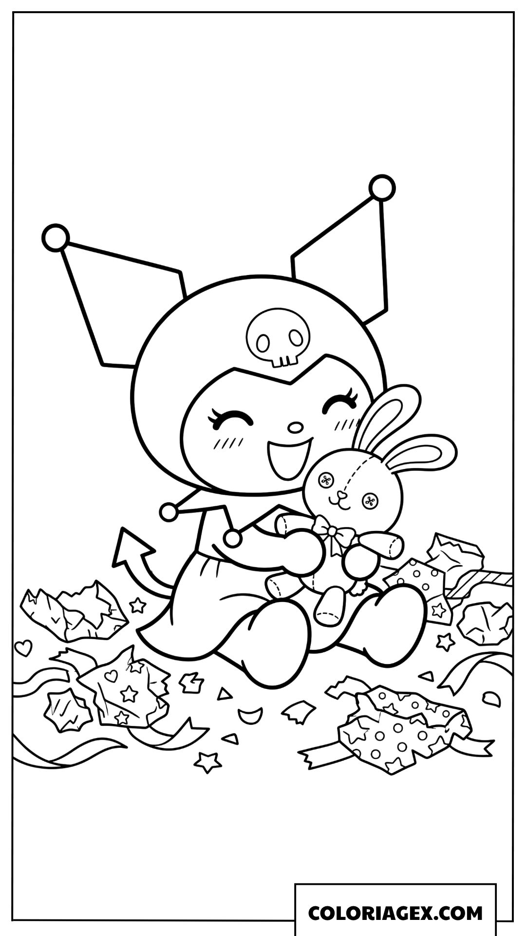 Coloriage Kuromi ouvre un cadeau et tient une peluche lapin