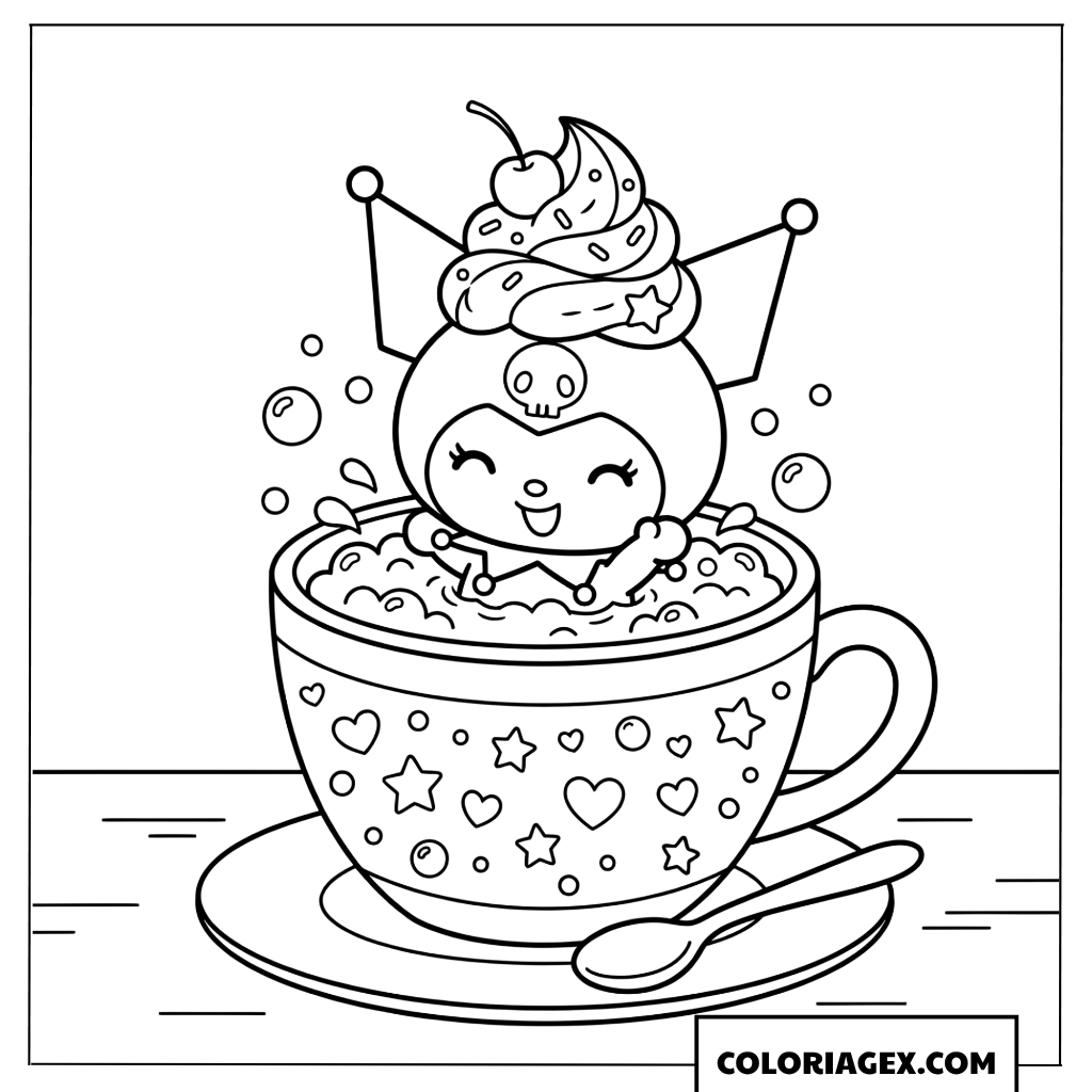 Coloriage Kuromi prend un bain moussant dans une tasse