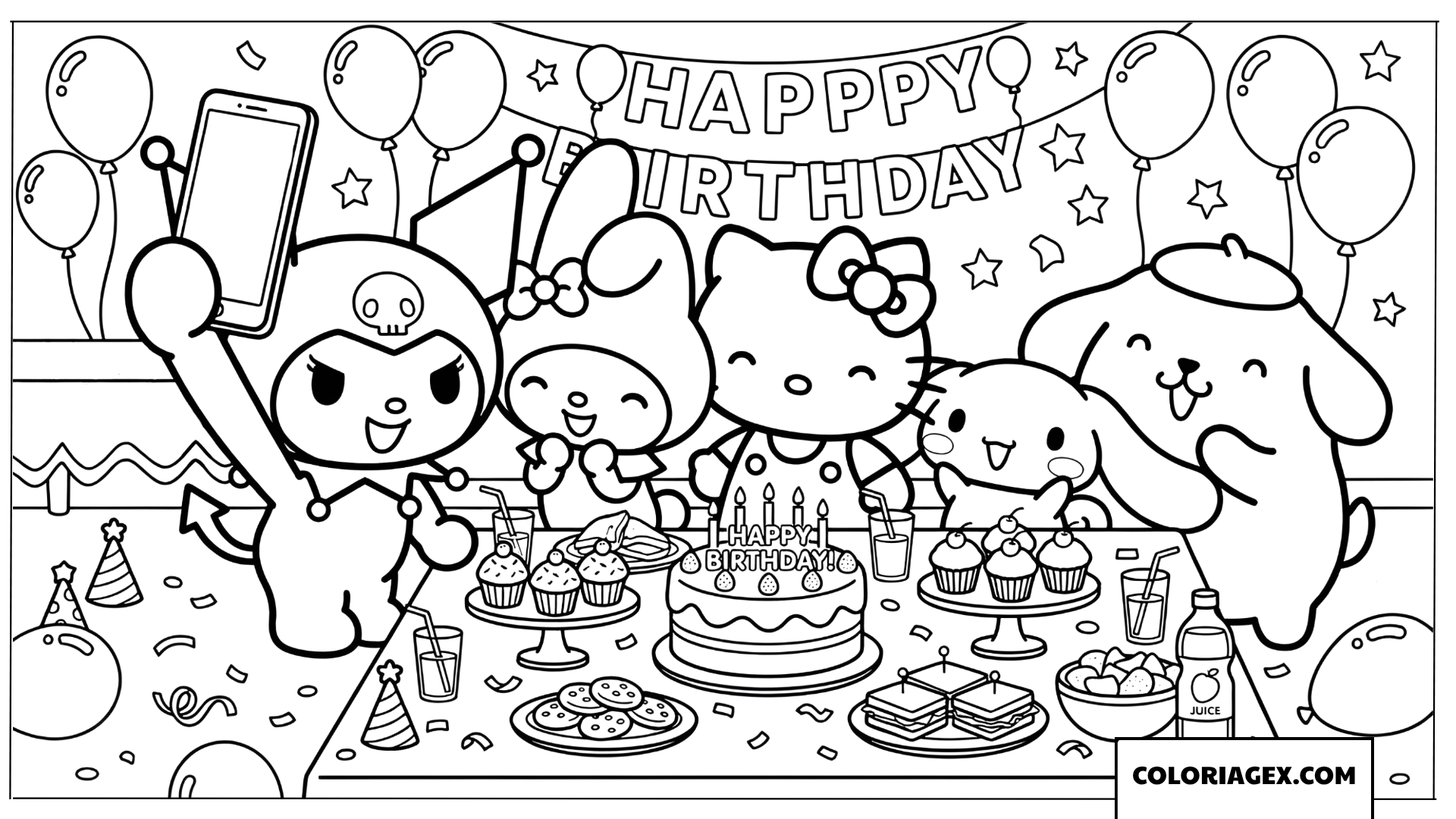 Coloriage Kuromi prend un selfie danniversaire avec ses amis