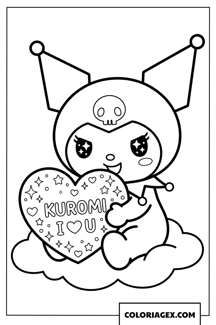 Coloriage Kuromi tient un coeur I love you sur un nuage