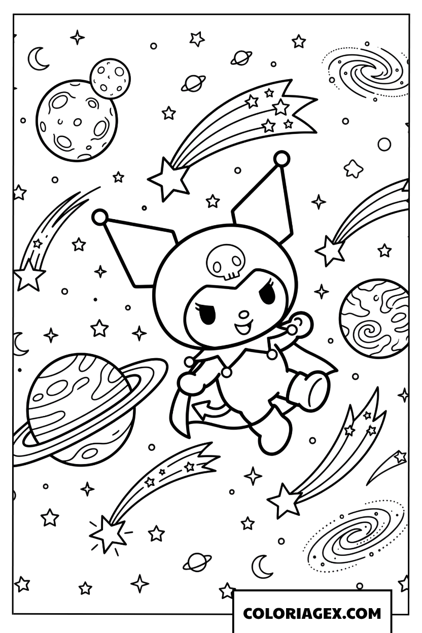 Coloriage Kuromi vole dans lespace entouree de planetes et detoiles