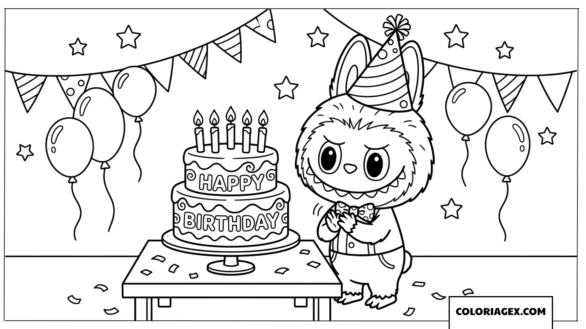 Coloriage Labubu Joyeux Anniversaire