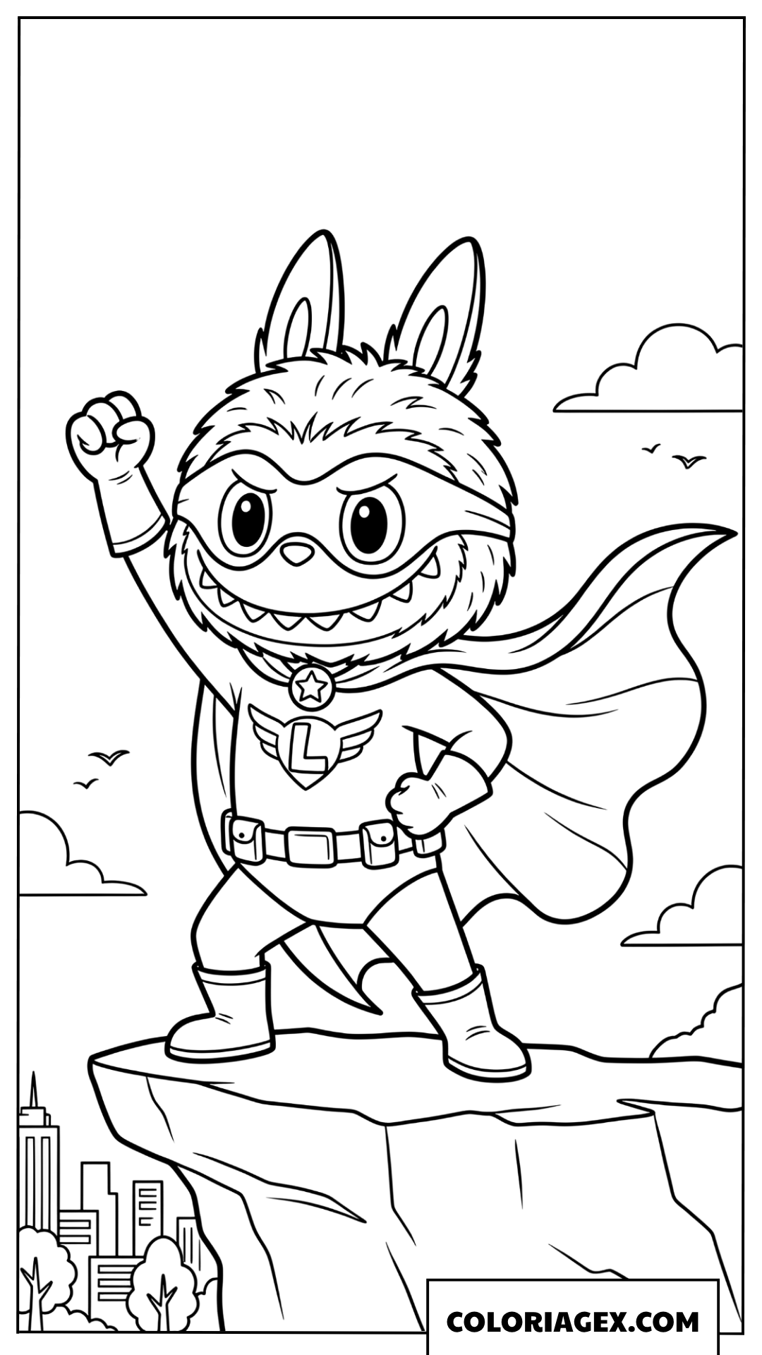 Coloriage Labubu Super Heros sur le sommet d une falaise